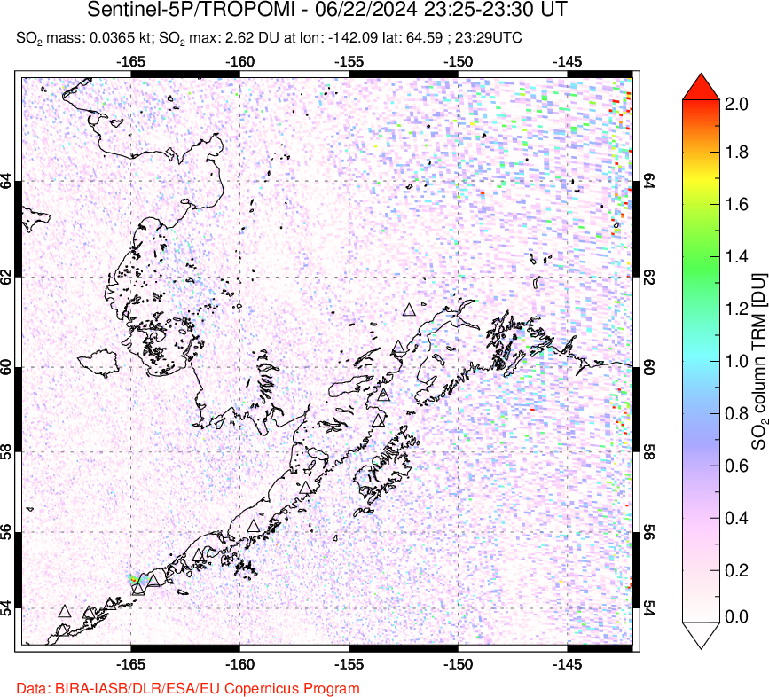 A sulfur dioxide image over Alaska, USA on Jun 22, 2024.