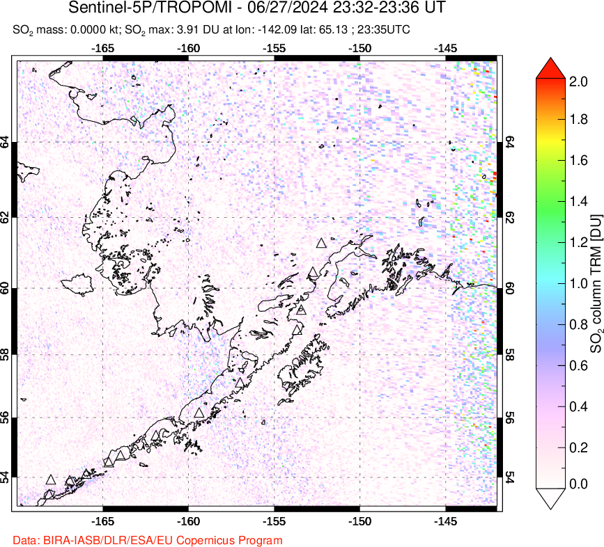 A sulfur dioxide image over Alaska, USA on Jun 27, 2024.