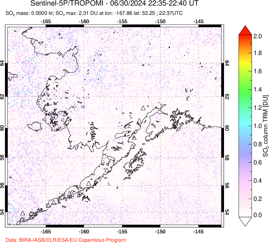 A sulfur dioxide image over Alaska, USA on Jun 30, 2024.