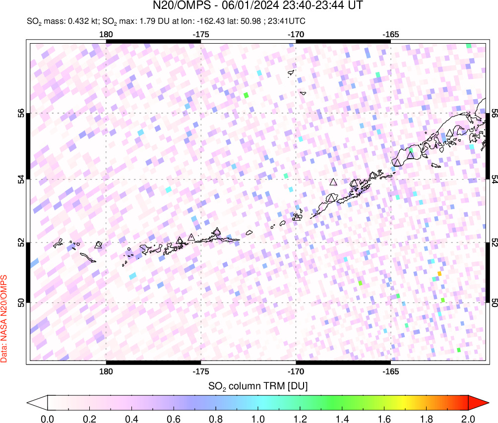 A sulfur dioxide image over Aleutian Islands, Alaska, USA on Jun 01, 2024.