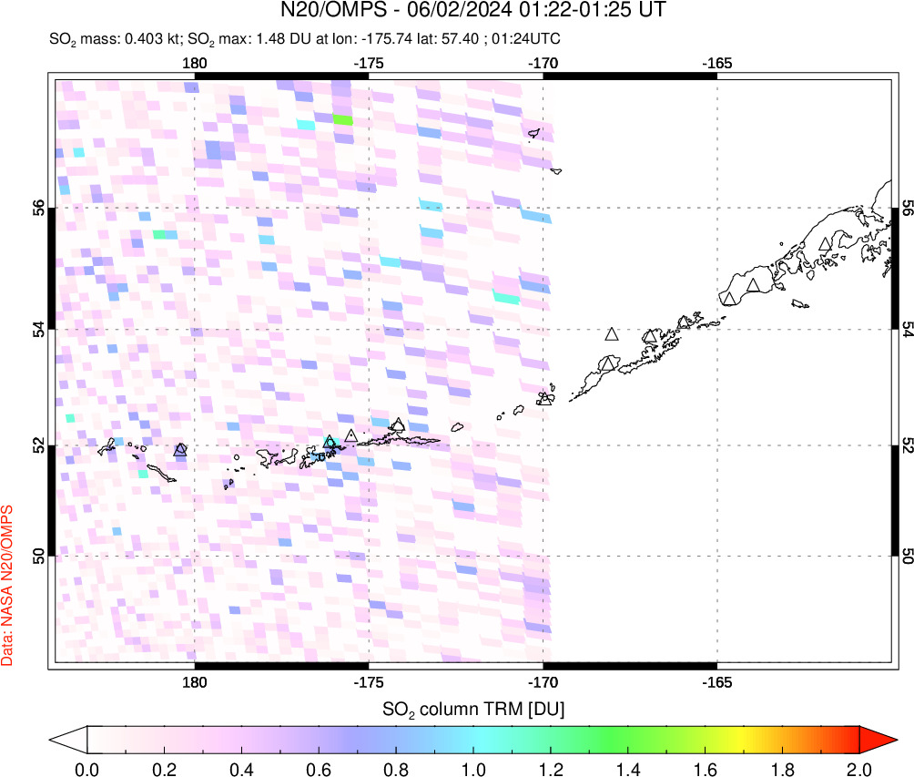 A sulfur dioxide image over Aleutian Islands, Alaska, USA on Jun 02, 2024.