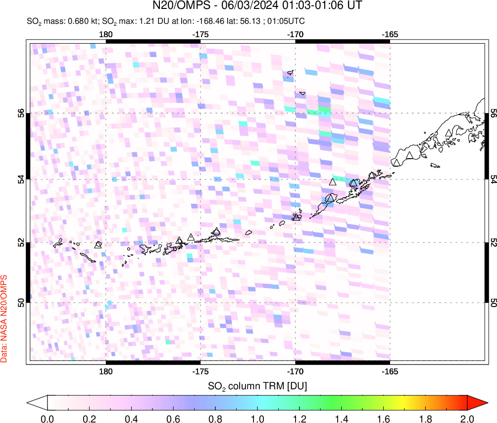 A sulfur dioxide image over Aleutian Islands, Alaska, USA on Jun 03, 2024.