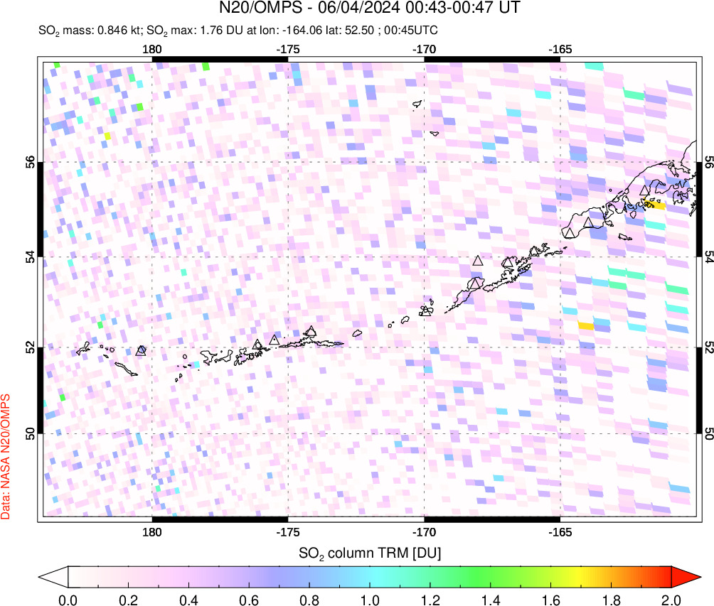 A sulfur dioxide image over Aleutian Islands, Alaska, USA on Jun 04, 2024.