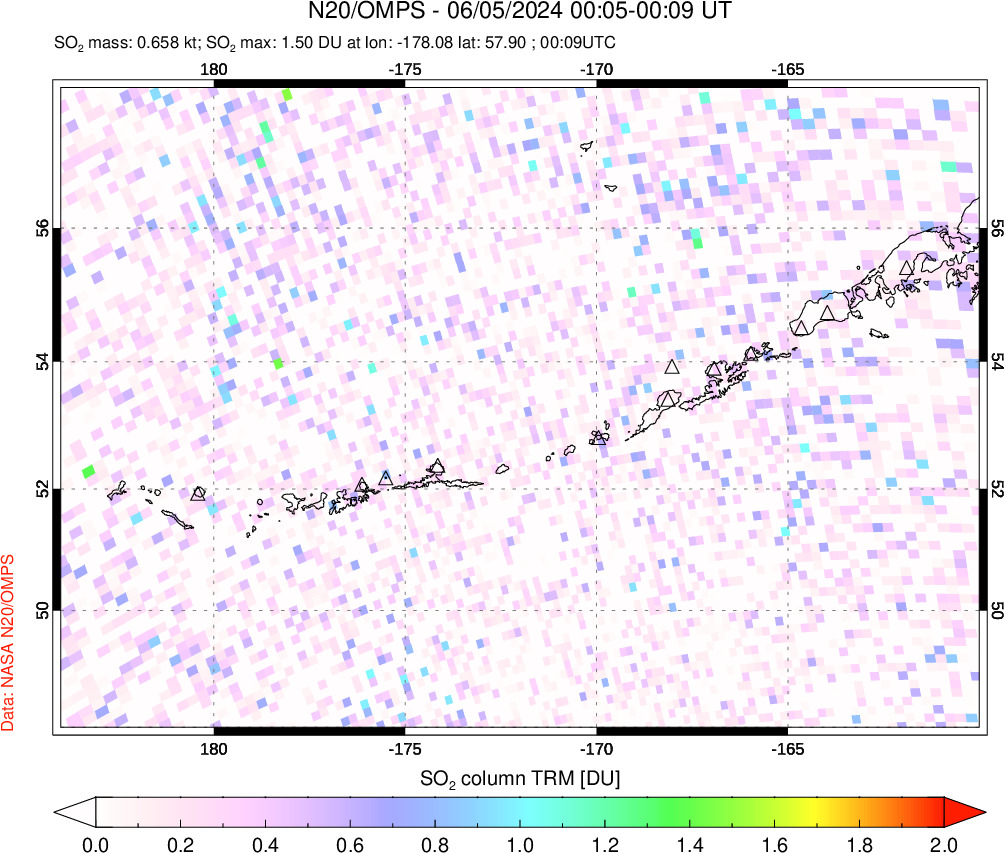 A sulfur dioxide image over Aleutian Islands, Alaska, USA on Jun 05, 2024.