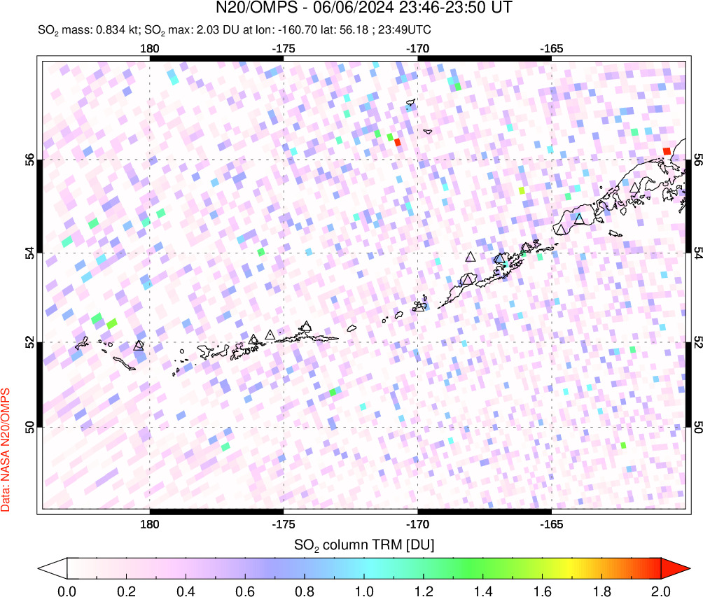 A sulfur dioxide image over Aleutian Islands, Alaska, USA on Jun 06, 2024.