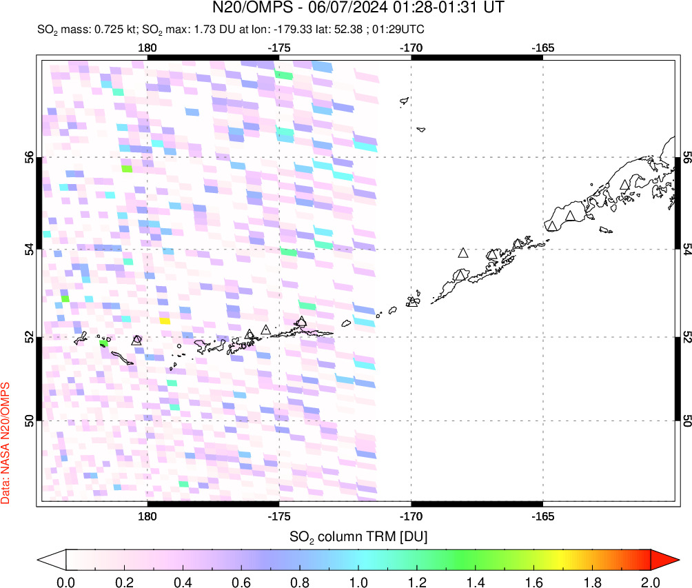 A sulfur dioxide image over Aleutian Islands, Alaska, USA on Jun 07, 2024.