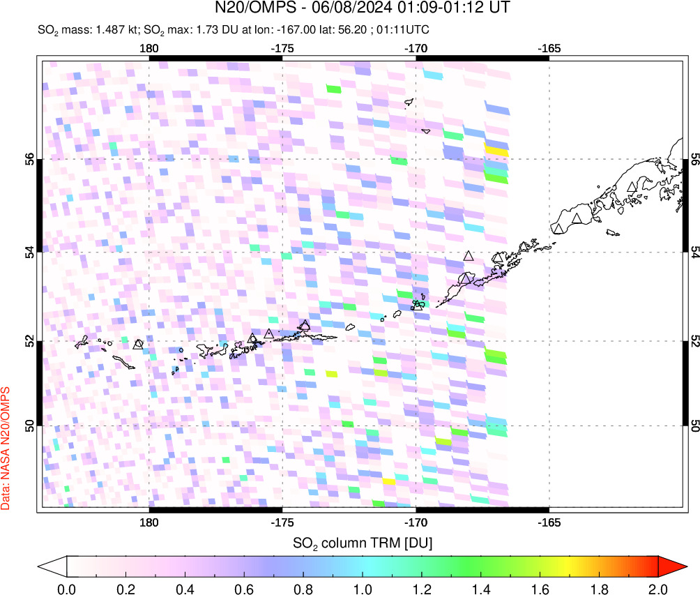 A sulfur dioxide image over Aleutian Islands, Alaska, USA on Jun 08, 2024.