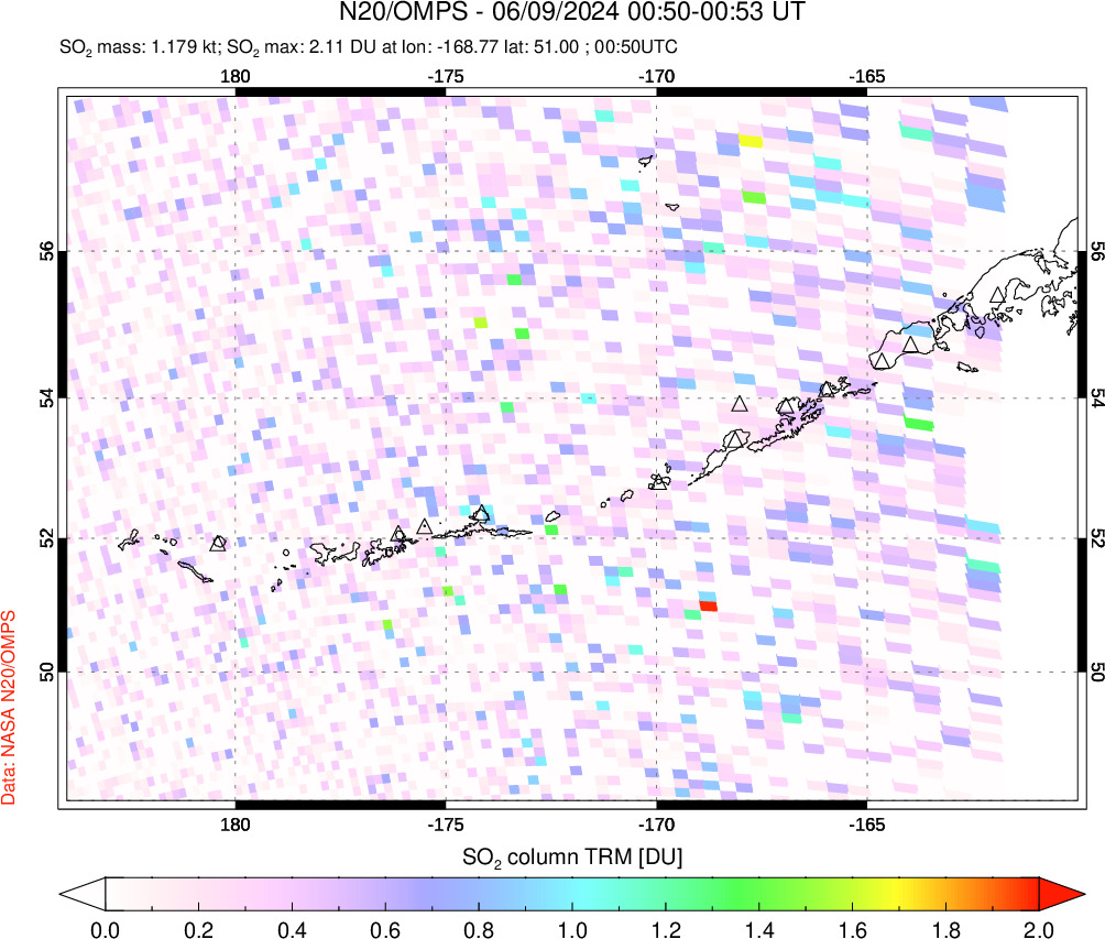 A sulfur dioxide image over Aleutian Islands, Alaska, USA on Jun 09, 2024.