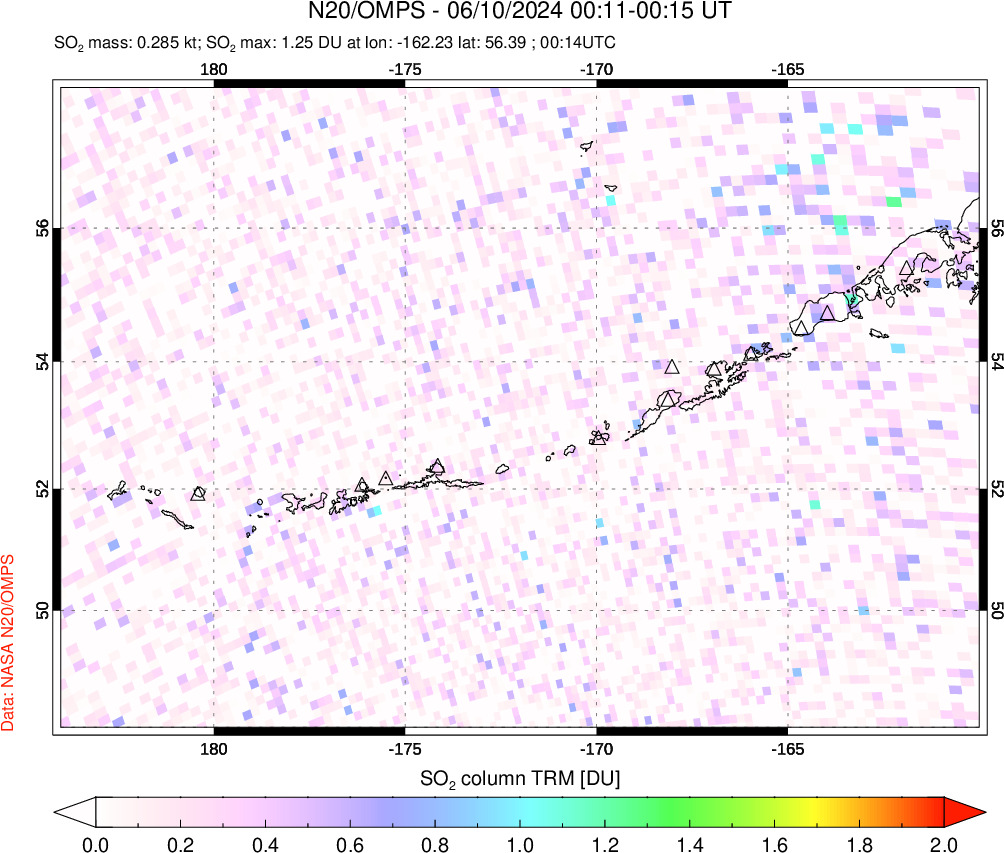 A sulfur dioxide image over Aleutian Islands, Alaska, USA on Jun 10, 2024.