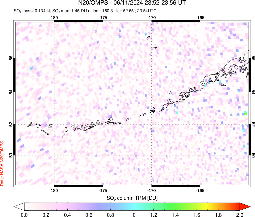 A sulfur dioxide image over Aleutian Islands, Alaska, USA on Jun 11, 2024.