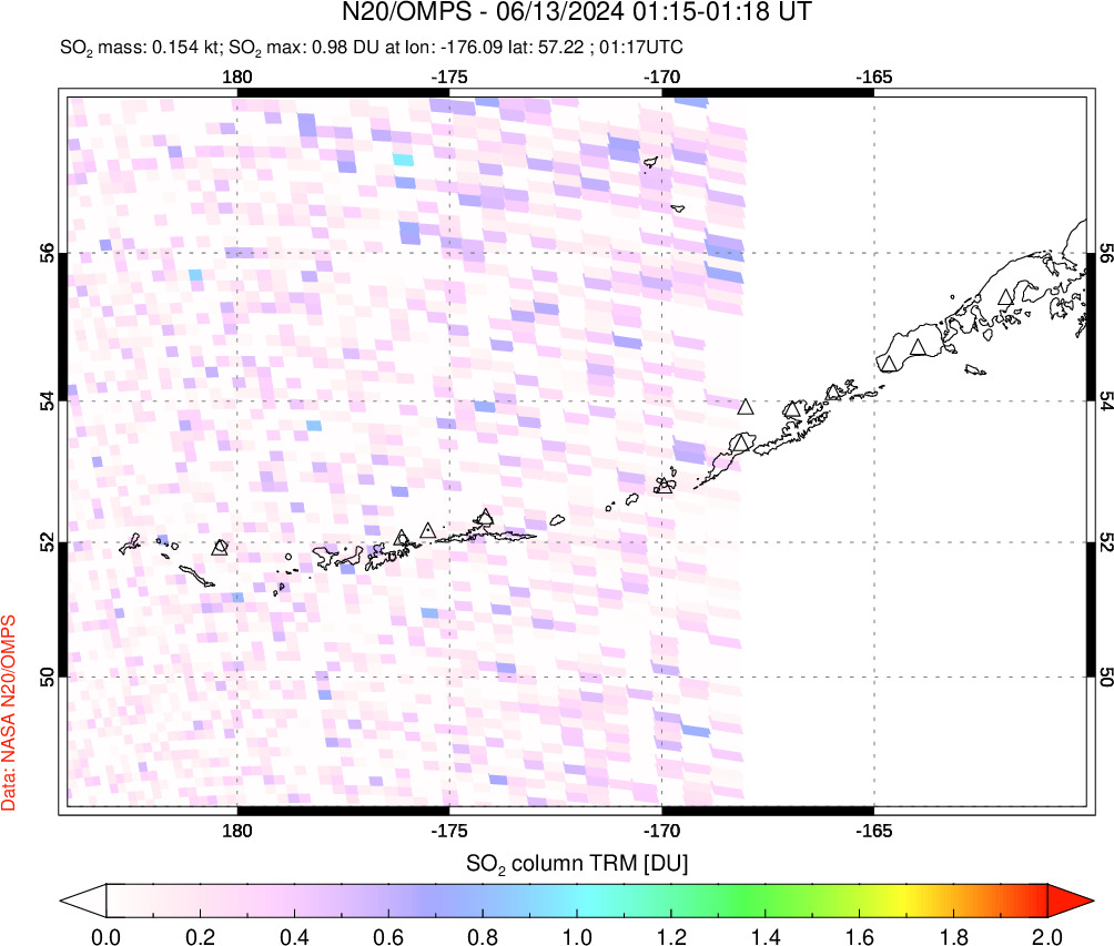 A sulfur dioxide image over Aleutian Islands, Alaska, USA on Jun 13, 2024.