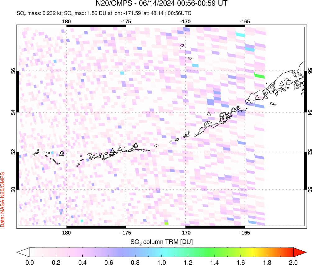 A sulfur dioxide image over Aleutian Islands, Alaska, USA on Jun 14, 2024.