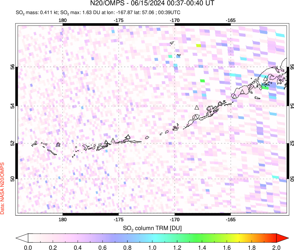 A sulfur dioxide image over Aleutian Islands, Alaska, USA on Jun 15, 2024.