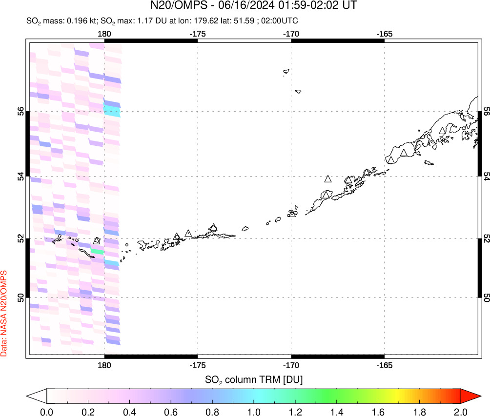 A sulfur dioxide image over Aleutian Islands, Alaska, USA on Jun 16, 2024.