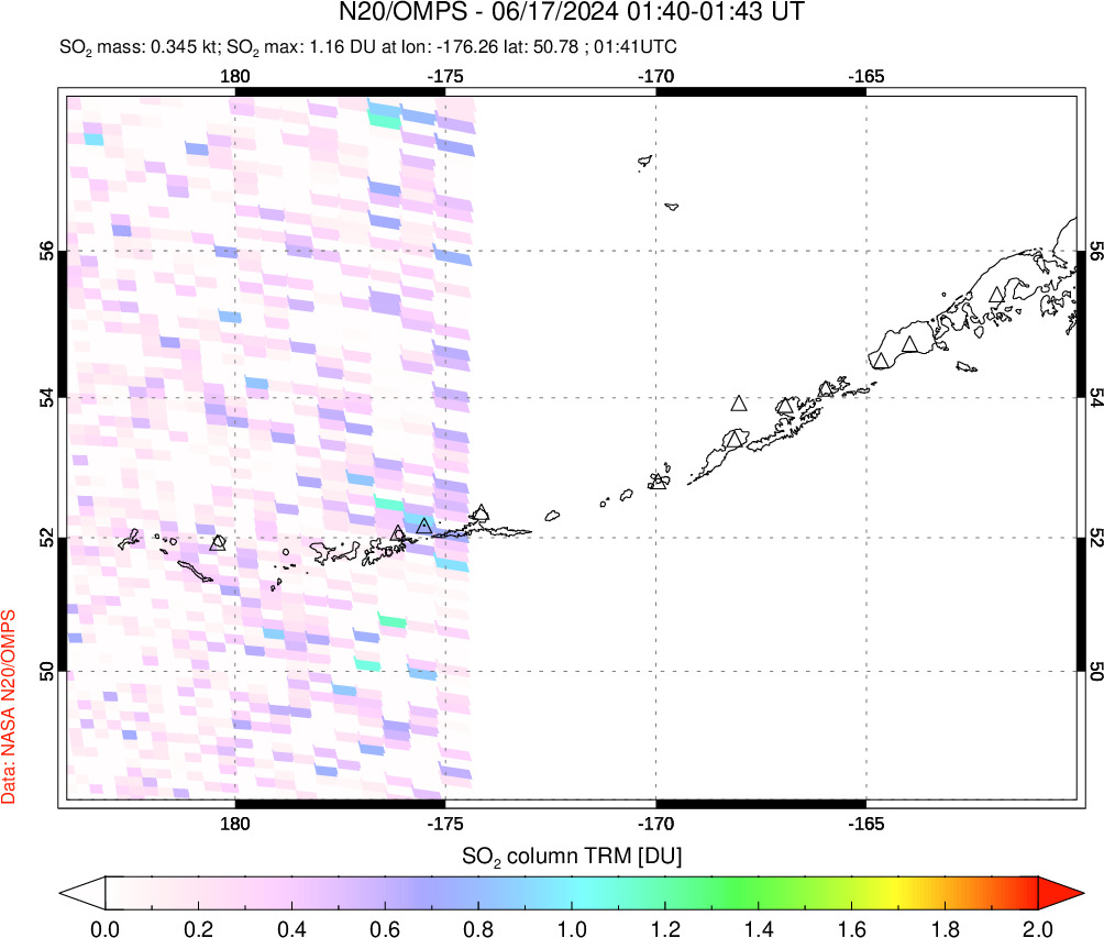 A sulfur dioxide image over Aleutian Islands, Alaska, USA on Jun 17, 2024.