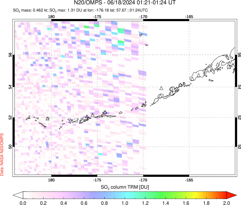 A sulfur dioxide image over Aleutian Islands, Alaska, USA on Jun 18, 2024.