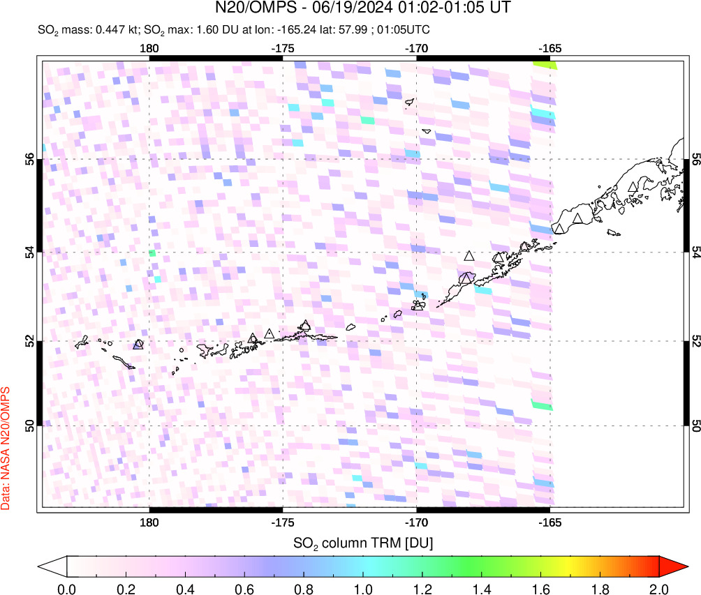 A sulfur dioxide image over Aleutian Islands, Alaska, USA on Jun 19, 2024.