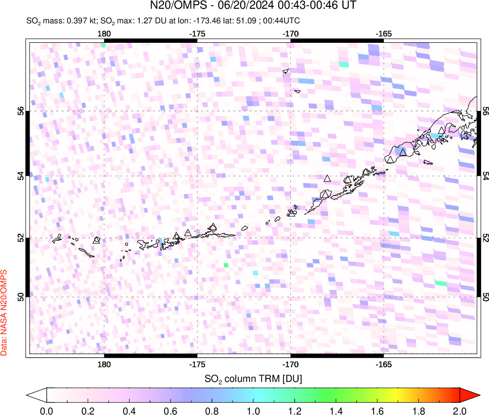 A sulfur dioxide image over Aleutian Islands, Alaska, USA on Jun 20, 2024.