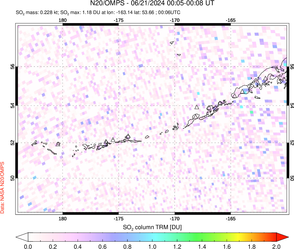 A sulfur dioxide image over Aleutian Islands, Alaska, USA on Jun 21, 2024.