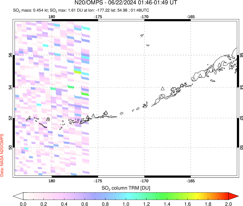 A sulfur dioxide image over Aleutian Islands, Alaska, USA on Jun 22, 2024.