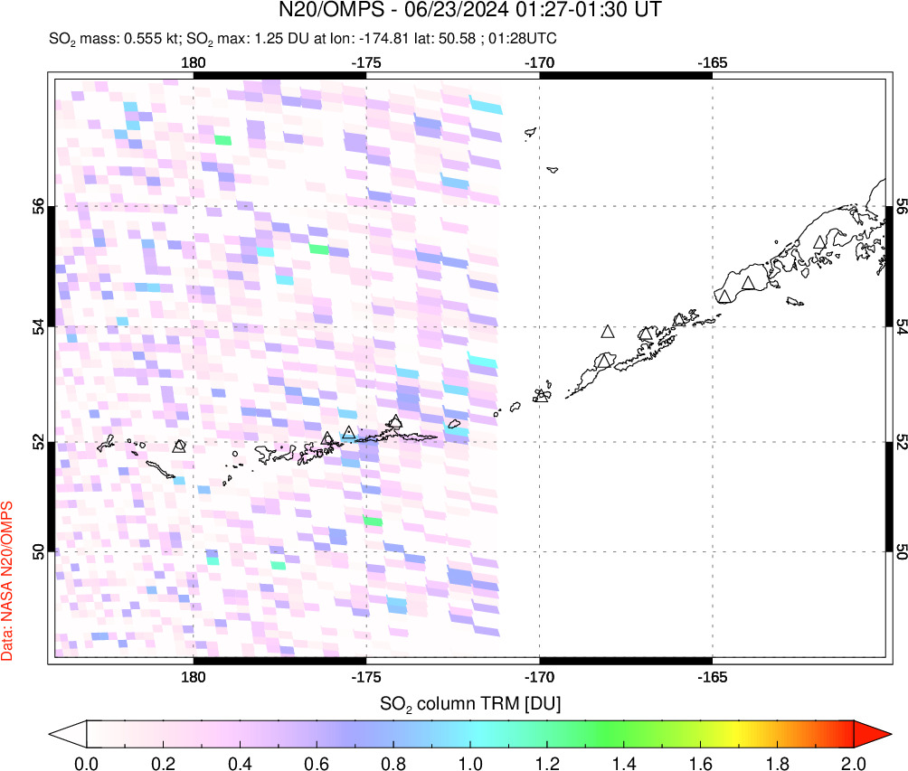 A sulfur dioxide image over Aleutian Islands, Alaska, USA on Jun 23, 2024.