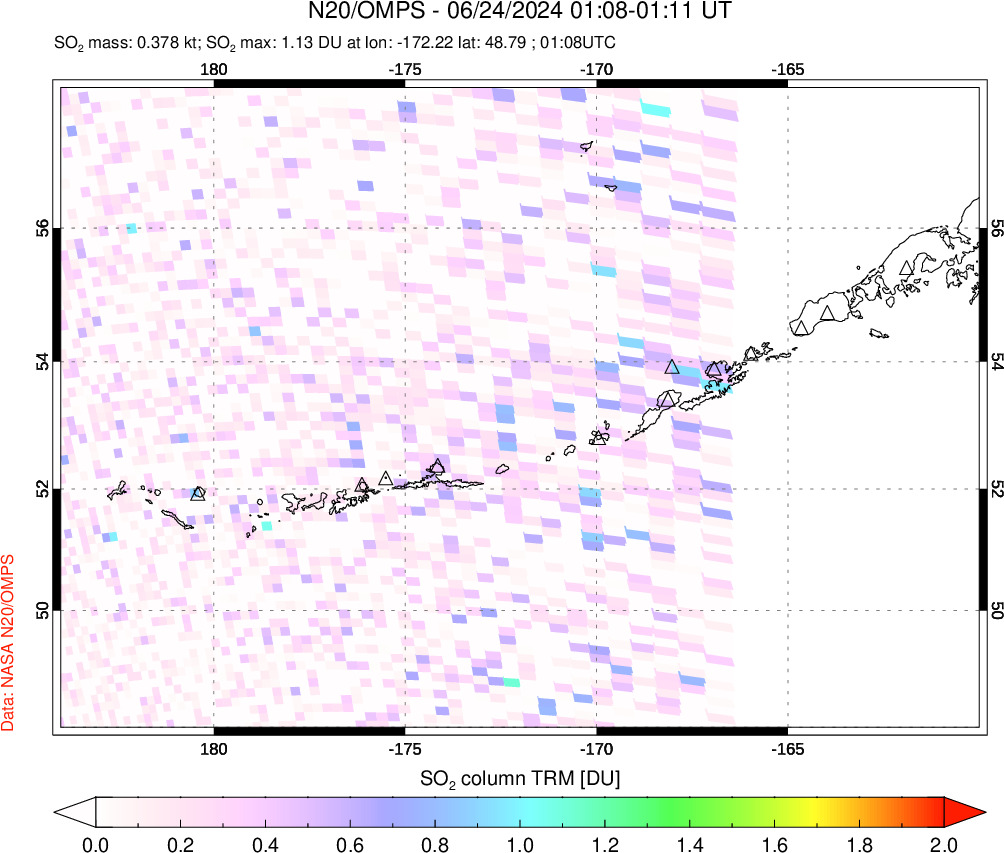 A sulfur dioxide image over Aleutian Islands, Alaska, USA on Jun 24, 2024.