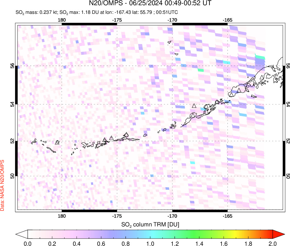 A sulfur dioxide image over Aleutian Islands, Alaska, USA on Jun 25, 2024.