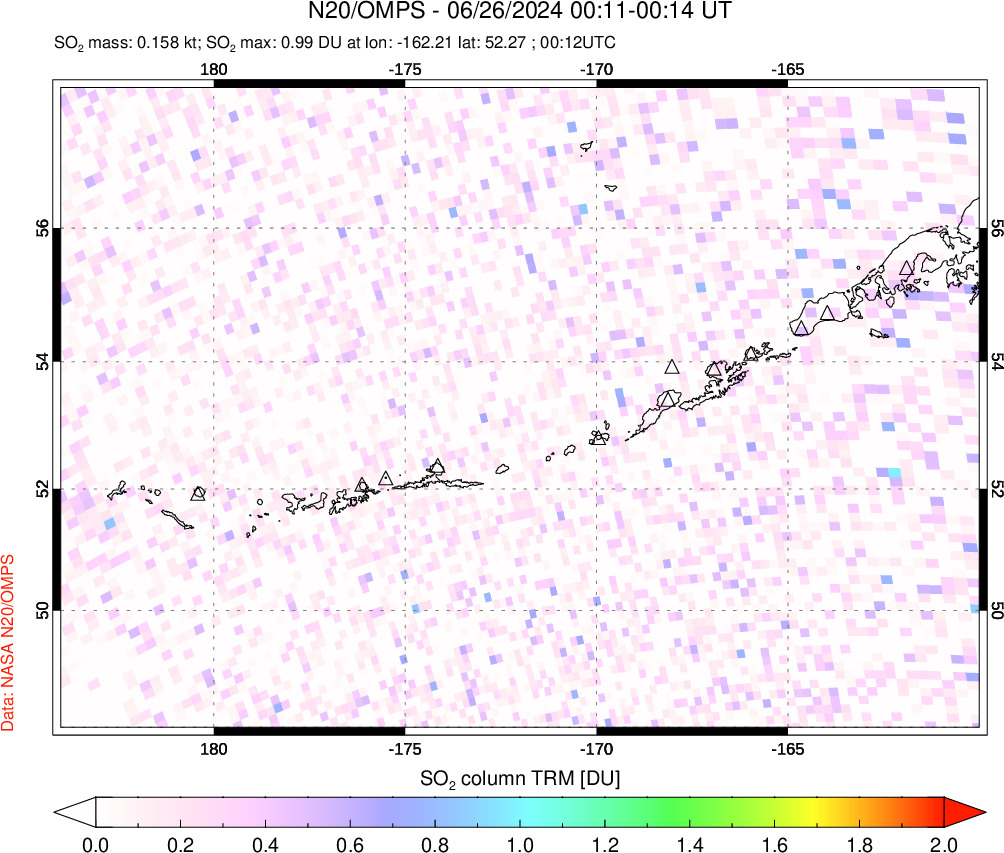 A sulfur dioxide image over Aleutian Islands, Alaska, USA on Jun 26, 2024.