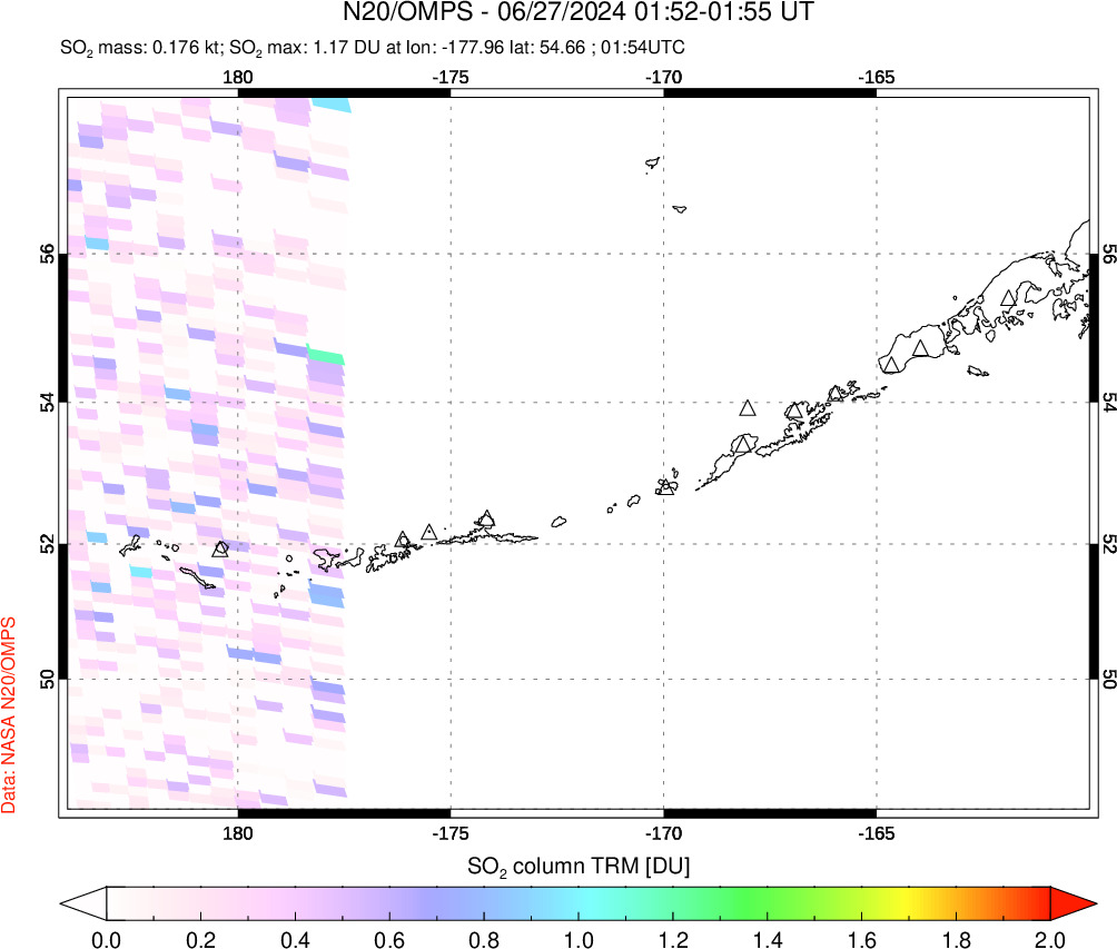 A sulfur dioxide image over Aleutian Islands, Alaska, USA on Jun 27, 2024.