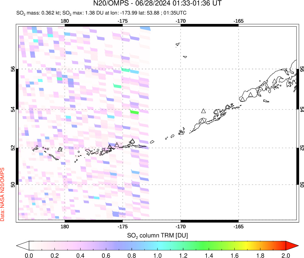 A sulfur dioxide image over Aleutian Islands, Alaska, USA on Jun 28, 2024.