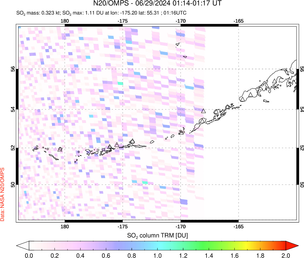 A sulfur dioxide image over Aleutian Islands, Alaska, USA on Jun 29, 2024.