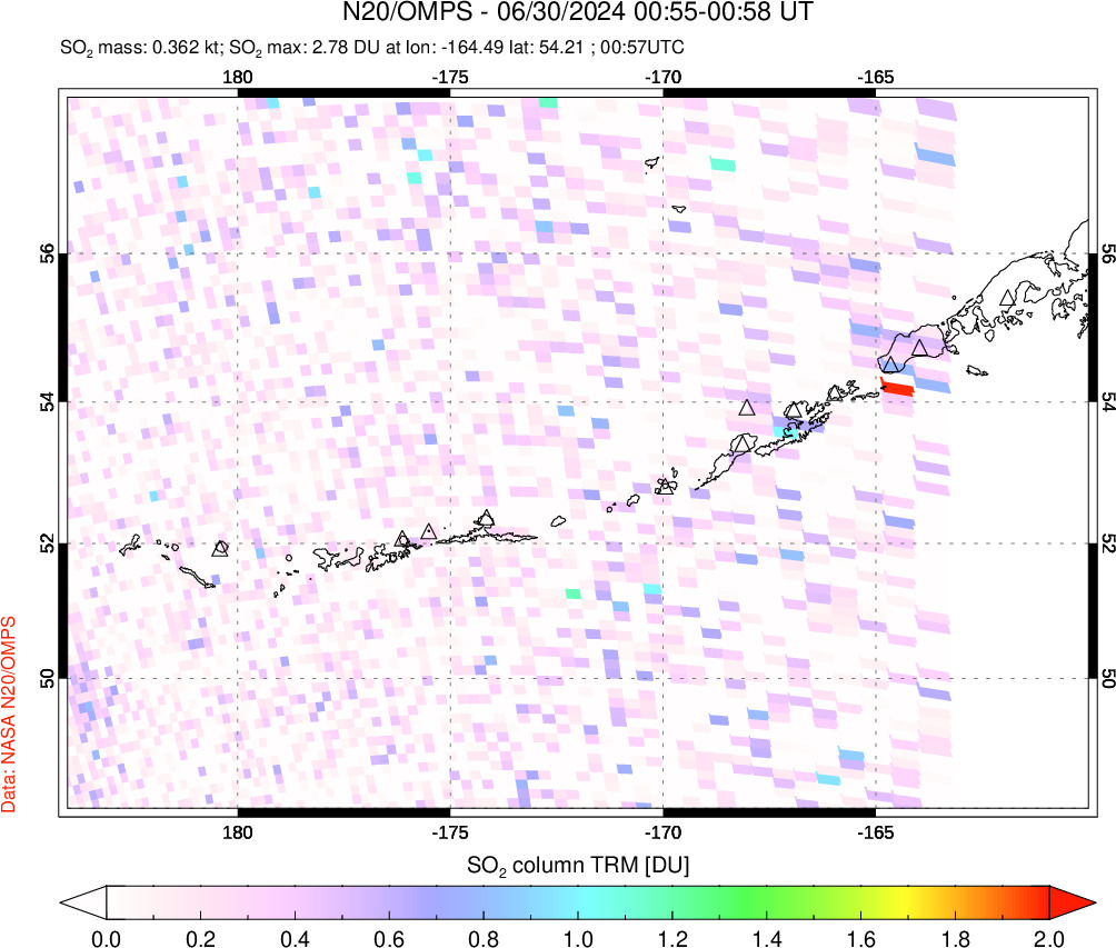 A sulfur dioxide image over Aleutian Islands, Alaska, USA on Jun 30, 2024.