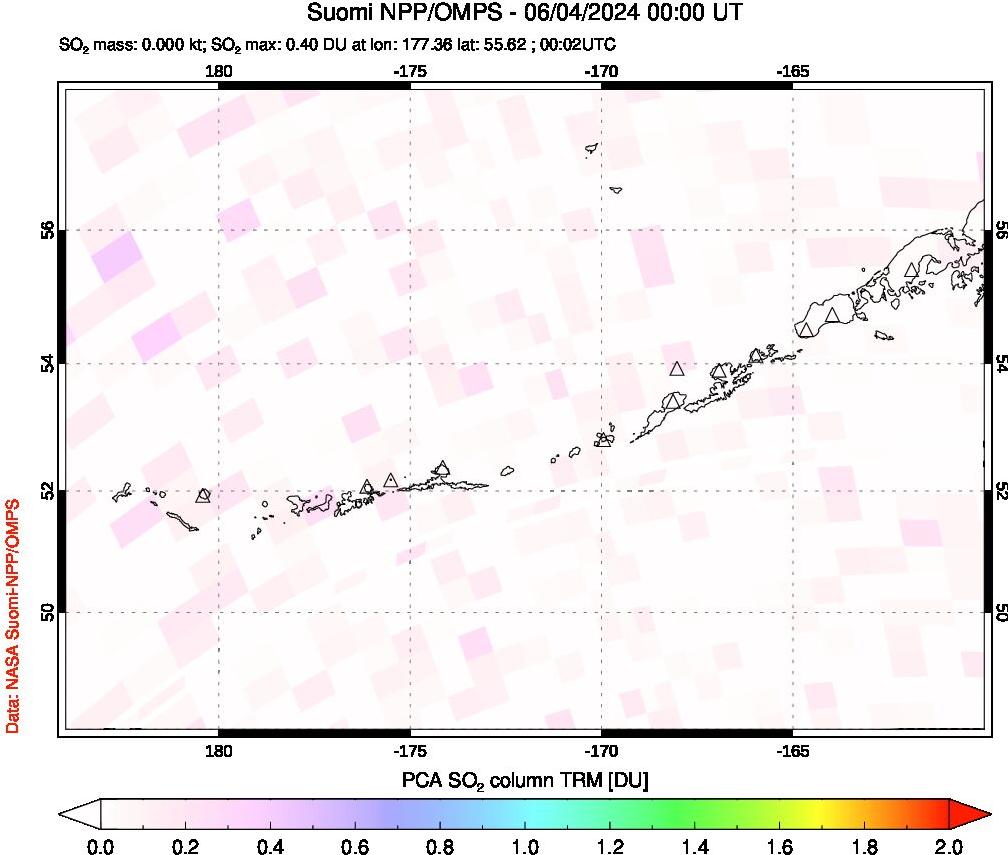 A sulfur dioxide image over Aleutian Islands, Alaska, USA on Jun 04, 2024.