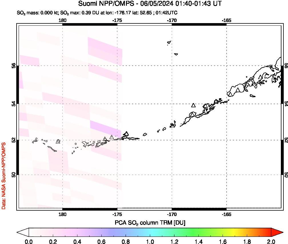 A sulfur dioxide image over Aleutian Islands, Alaska, USA on Jun 05, 2024.