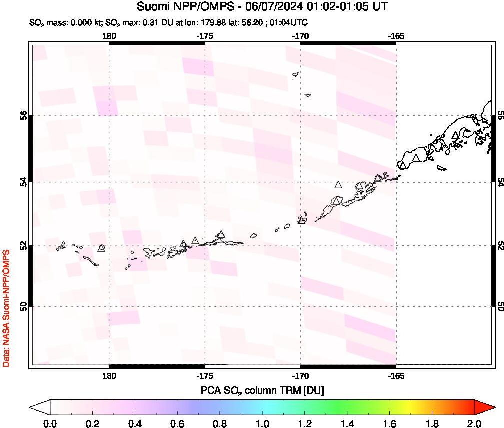 A sulfur dioxide image over Aleutian Islands, Alaska, USA on Jun 07, 2024.