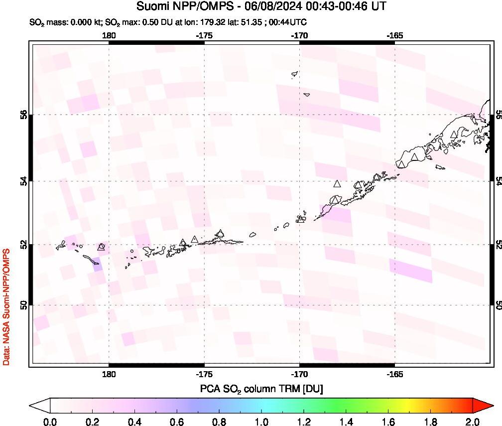 A sulfur dioxide image over Aleutian Islands, Alaska, USA on Jun 08, 2024.