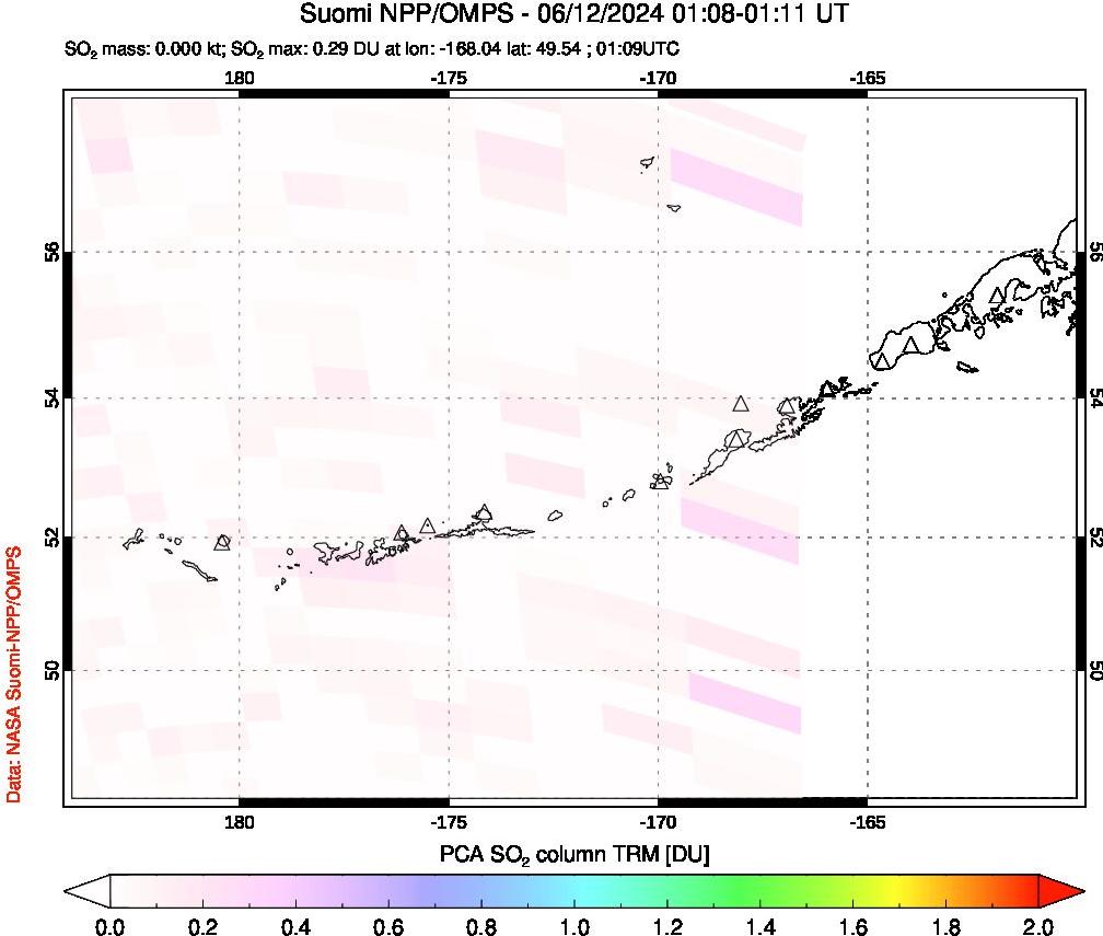 A sulfur dioxide image over Aleutian Islands, Alaska, USA on Jun 12, 2024.