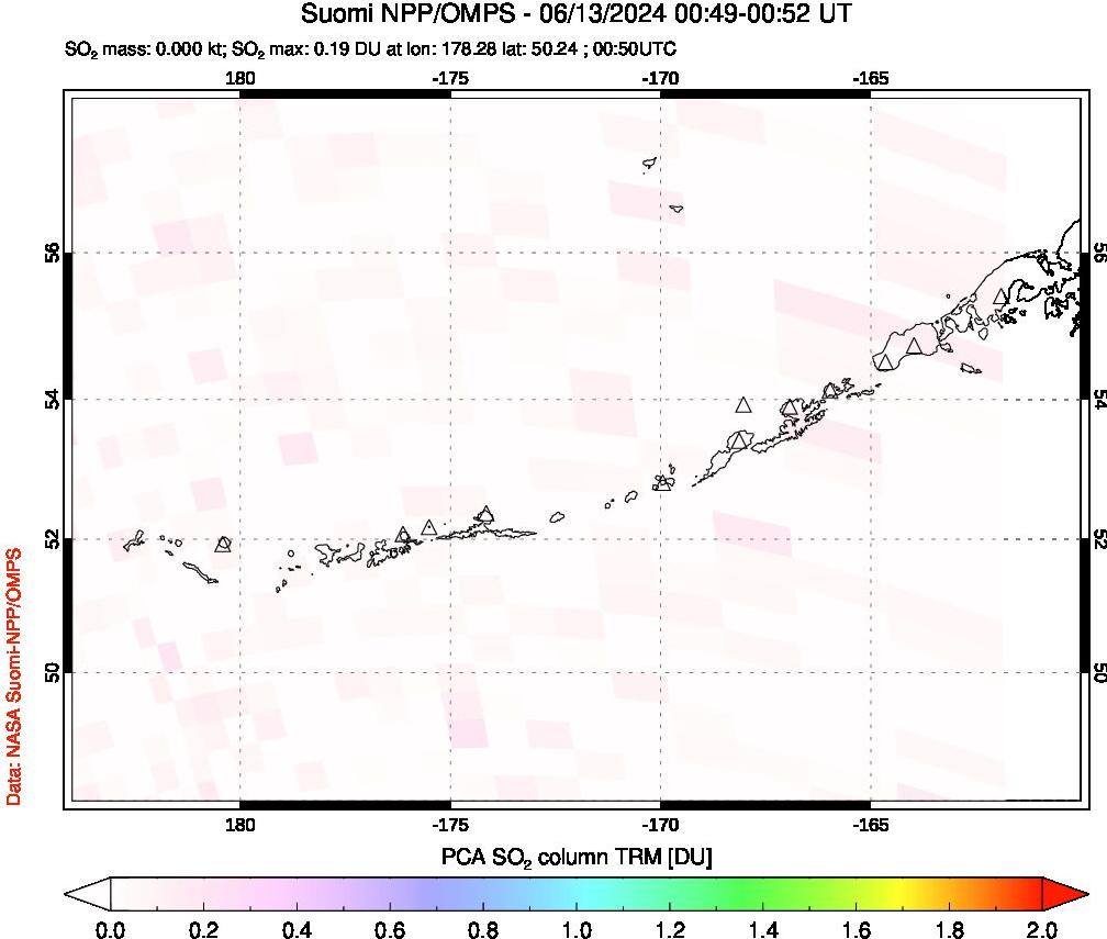 A sulfur dioxide image over Aleutian Islands, Alaska, USA on Jun 13, 2024.