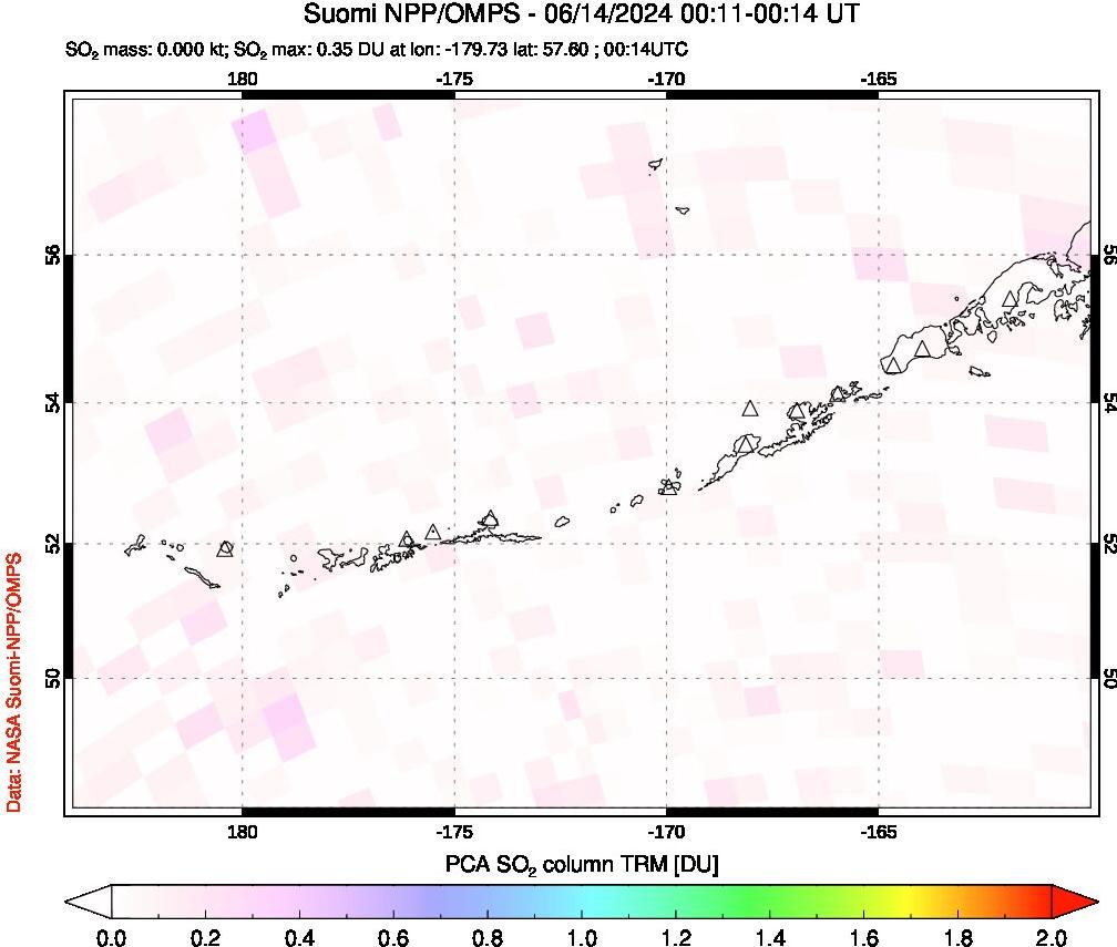 A sulfur dioxide image over Aleutian Islands, Alaska, USA on Jun 14, 2024.