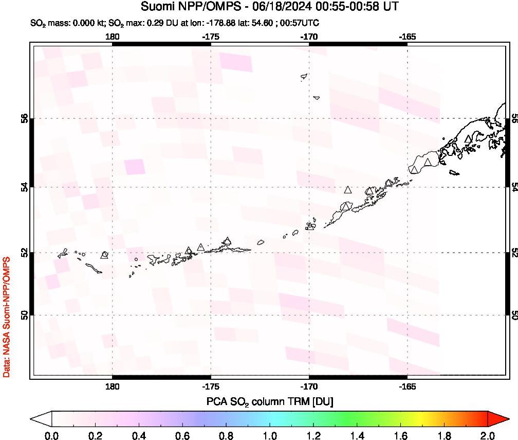 A sulfur dioxide image over Aleutian Islands, Alaska, USA on Jun 18, 2024.