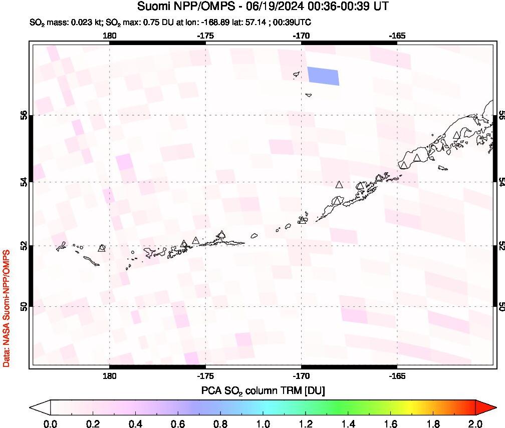 A sulfur dioxide image over Aleutian Islands, Alaska, USA on Jun 19, 2024.