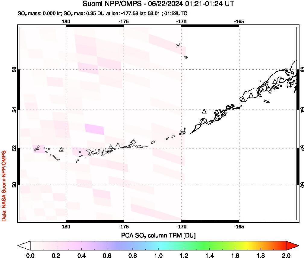 A sulfur dioxide image over Aleutian Islands, Alaska, USA on Jun 22, 2024.