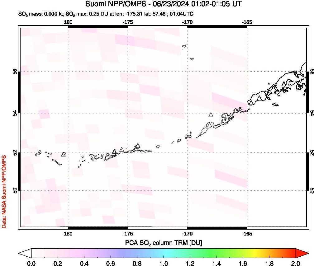 A sulfur dioxide image over Aleutian Islands, Alaska, USA on Jun 23, 2024.