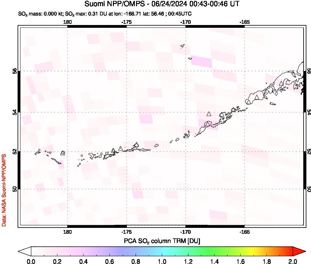 A sulfur dioxide image over Aleutian Islands, Alaska, USA on Jun 24, 2024.