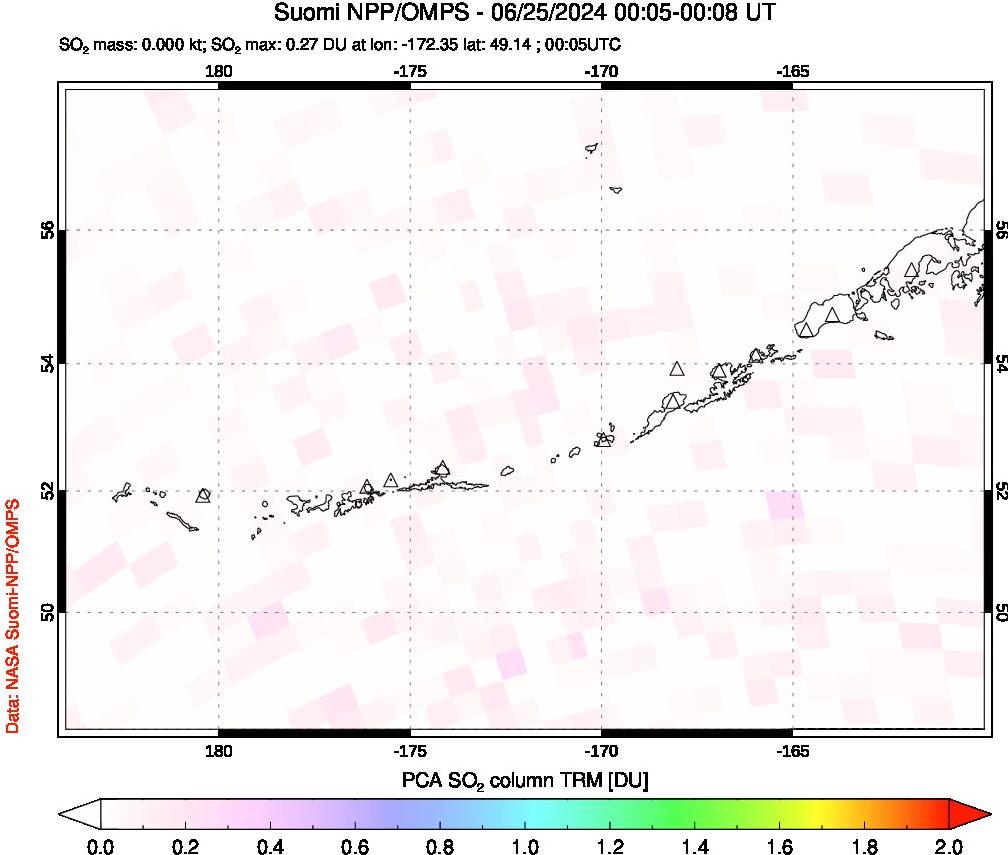 A sulfur dioxide image over Aleutian Islands, Alaska, USA on Jun 25, 2024.