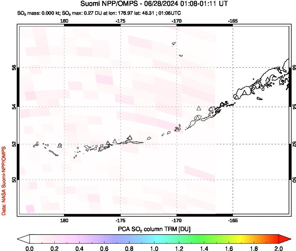 A sulfur dioxide image over Aleutian Islands, Alaska, USA on Jun 28, 2024.