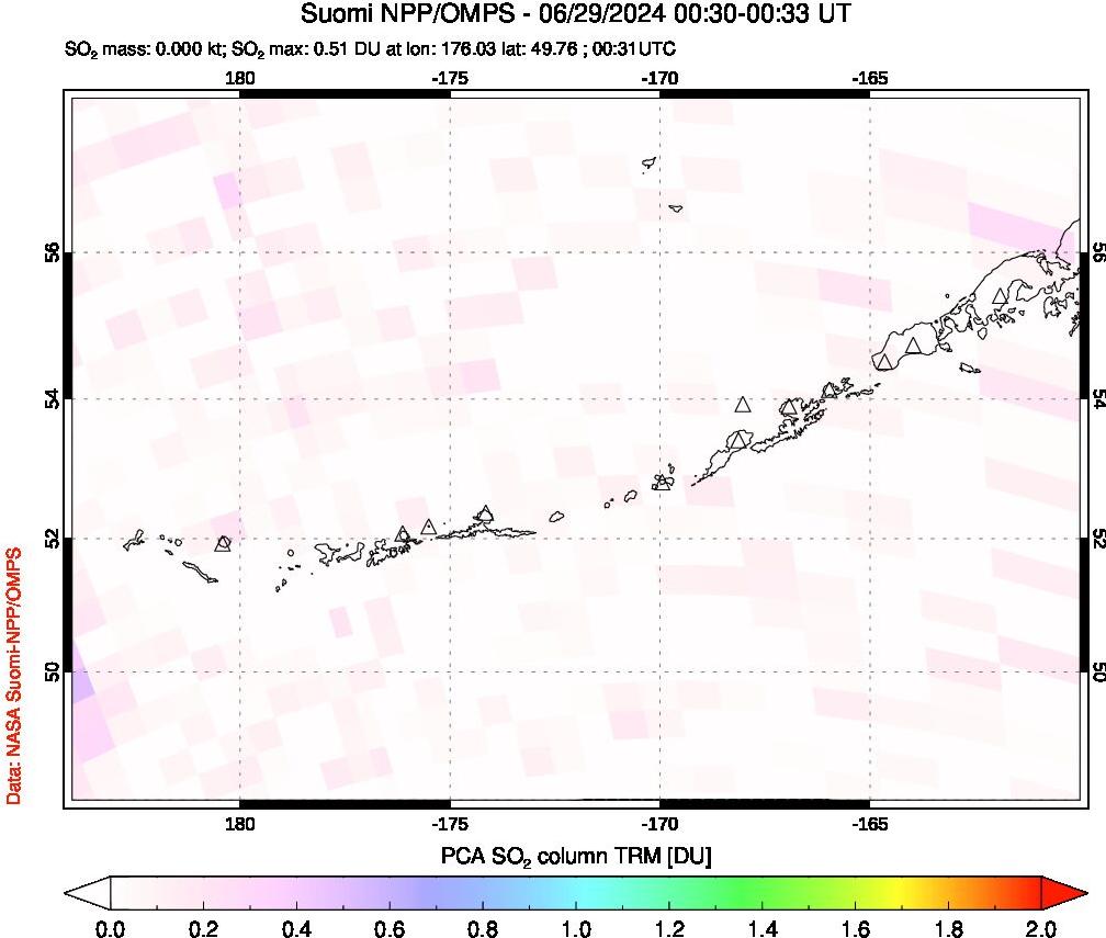 A sulfur dioxide image over Aleutian Islands, Alaska, USA on Jun 29, 2024.