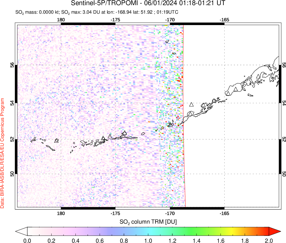 A sulfur dioxide image over Aleutian Islands, Alaska, USA on Jun 01, 2024.