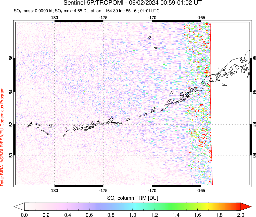 A sulfur dioxide image over Aleutian Islands, Alaska, USA on Jun 02, 2024.