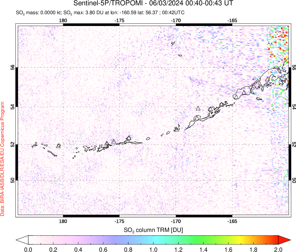 A sulfur dioxide image over Aleutian Islands, Alaska, USA on Jun 03, 2024.